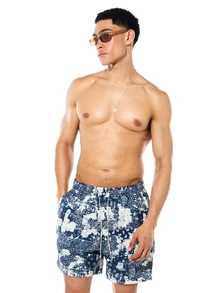 SUMWON Paisley-Muster Boardshorts Sommer Badeshorts, marineblau weiß mit Kordelzug, Lässig Urlaub Ferienbekleidung - Verschiedenfarbig - Übersicht 4