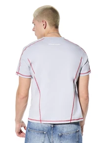 Contrast Topstitch Crew Neck Short Sleeve Cotton T-Shirt Casual Everyday Wear Spring Summer Fashion - Grey - View 4