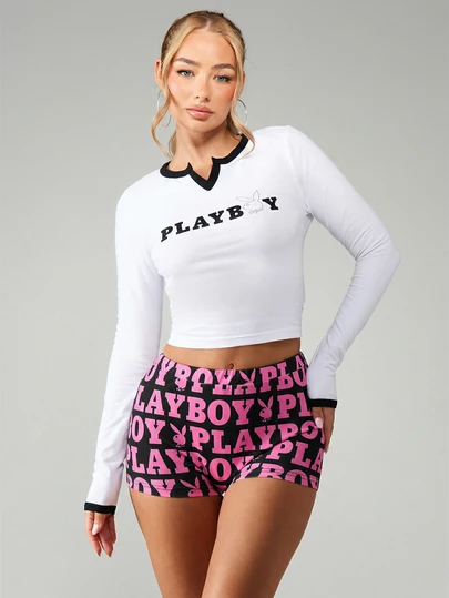 Missguided x Playboy Logo Print Hot Pink Black Booty Shorts All Over Pattern