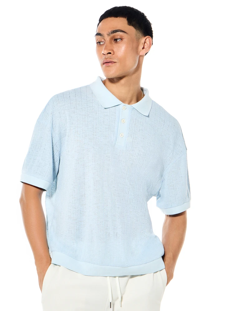 Relaxed Fit Knitted Textured Short Sleeve Polo Shirt Classic Collar Button Placket For Casual Summer Wear