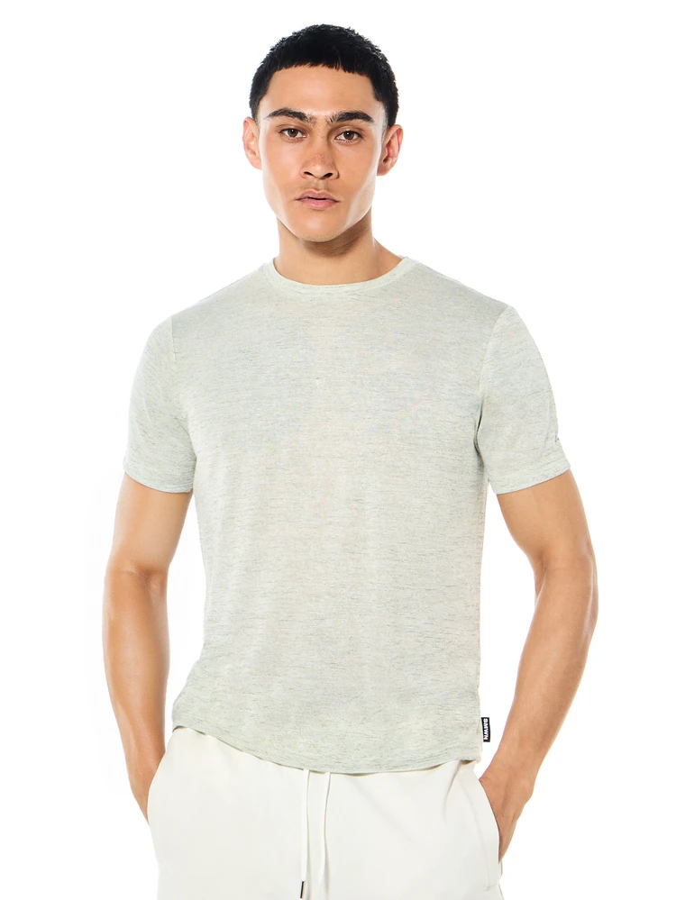 Camiseta Básica Casual de Manga Curta Gola Careca em Mescla Cinza Claro, Tecido de Malha Macia, Caimento Regular, Uso Diário, Cor Sólida