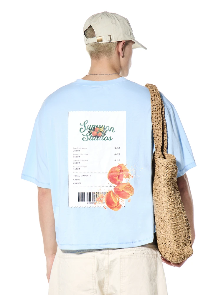 Casual Light Blue Box Fit Printed T-Shirt Summer Studios Fresh Orange Peach Graphics Receipt Design Short Sleeve Crew Neck Tee