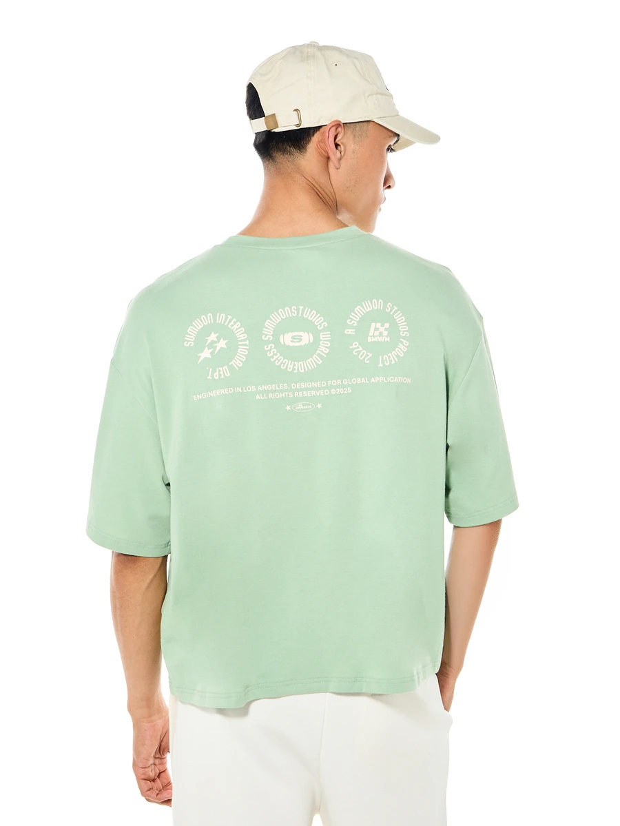 SUMWON Boxy Fit Short Sleeve Crew Neck Cotton T-Shirt Circular Logo Print Casual Summer Tee - Green - View 1
