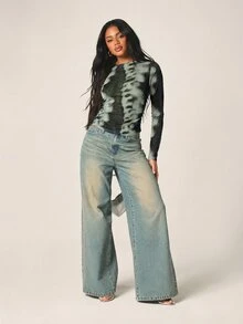 MISSGUIDED 扎染长袖修身上衣，侧边褶皱细节，休闲弹力圆领T恤 - 黑色 - 查看 4