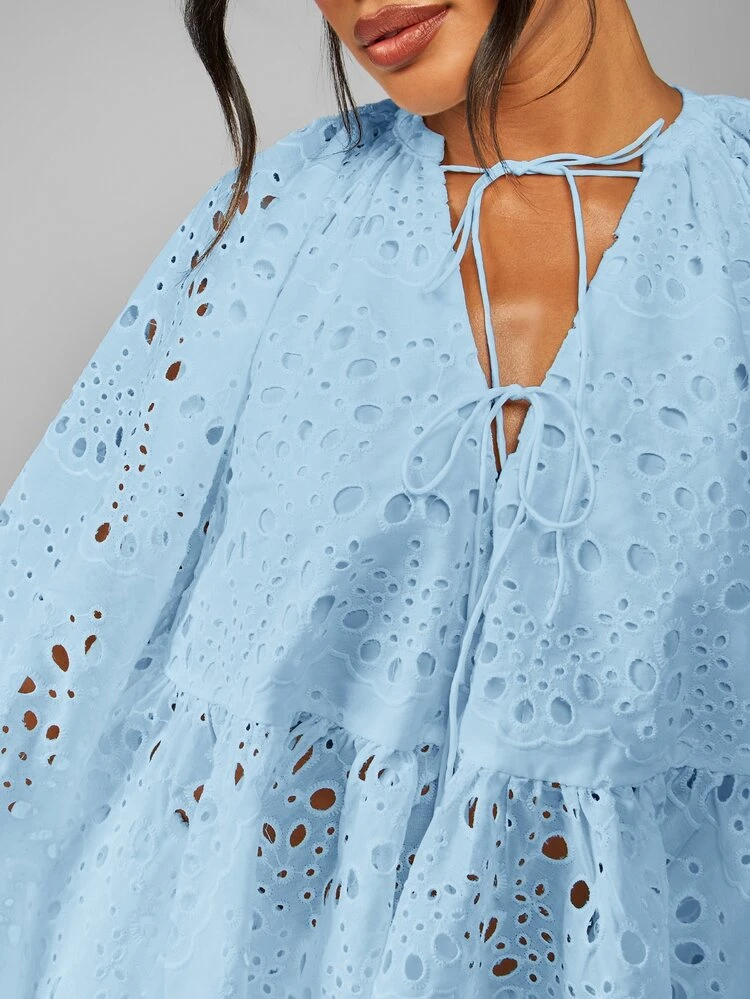 MISSGUIDED Broderie Anglaise Co Ord Set Eyelet Cutout Details Lace Up Neckline For Summer Festival Boho Style