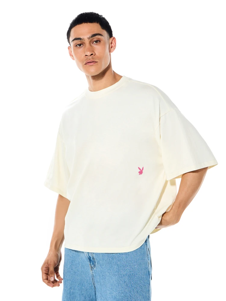 PLAYBOY X SUMWON Mens Boxy Fit Elbow Sleeve Graphic Tee Sunflower Print Back Design Crew Neck Cotton Casual Street Style