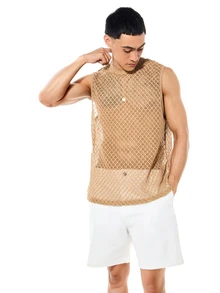 Gold Crochet Sleeveless Tank Top Mesh Texture Summer Beach Festival Casual Wear - Khaki - View 5