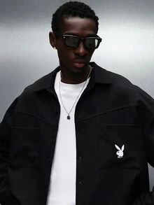 PLAYBOY X SUMWON Men Oversized Button Down Shirt With Logo Front Pocket Detail Long Sleeve Urban Streetwear Casual - Black - View 3