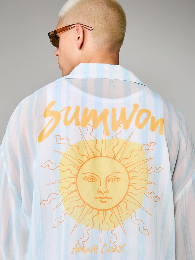 Boxy Fit Long Sleeve Button Down Shirt Vertical Stripes Colorful Survivor Sun Back Graphic Print Summer Casual