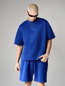PLAYBOY X SUMWON Oversized Blue Short Sleeve T-Shirt Matching Shorts Two Piece Casual Co-Ord Set For Summer Streetwear - Blue - View 4