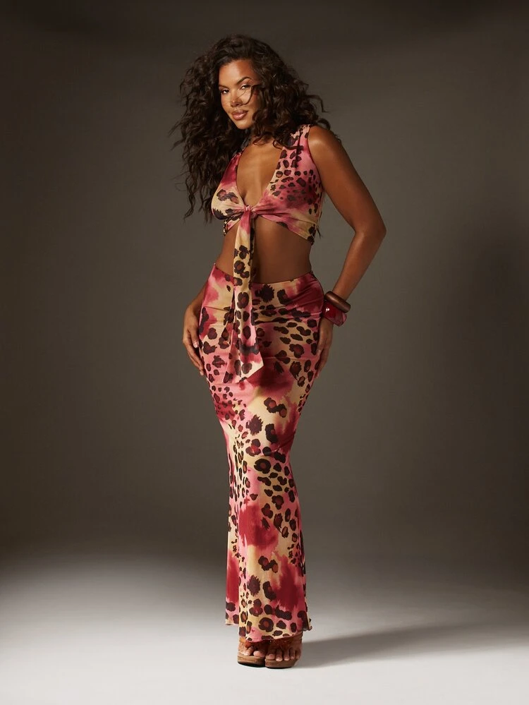 MISSGUIDED Leopard Print Tie Front Crop Top High Waisted Maxi Skirt Two Piece Coordinate Set