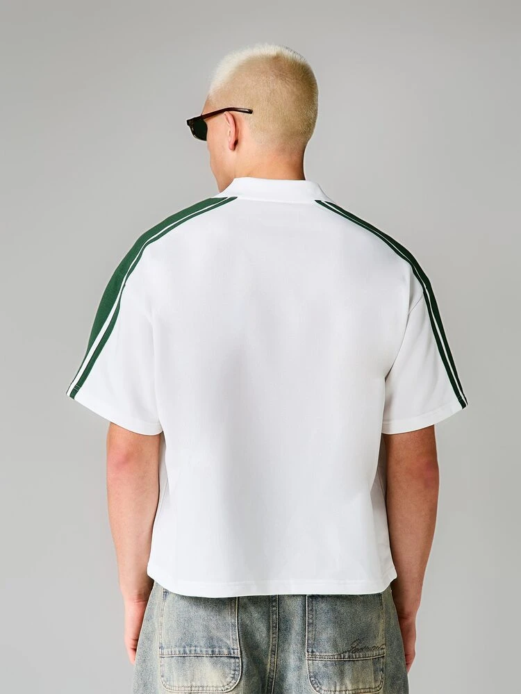 Casual Short Sleeve Collared Polo Shirt Green Contrast Stripe Detailing Box Fit Design For Summer Spring Everyday Wear