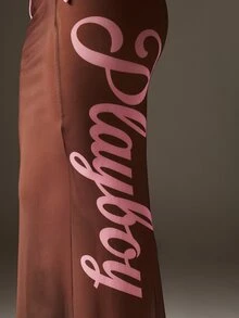 Missguided x Playboy 巧克力棕色长款泳衣罩裙，粉色字母图案，侧边系带设计，适合海滩度假夏季穿着 - 咖啡棕 - 查看 5