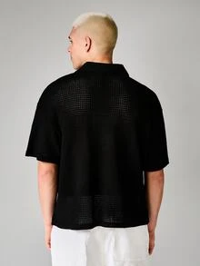 PLAYBOY X SUMWON Oversized Short Sleeve Mesh Polo Shirt Chest Logo Print Summer Casual Collared Top Regular Fit Breathable Knit Golf Tennis - Black - View 2