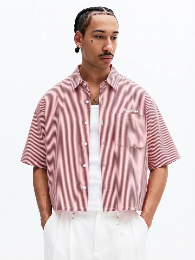 SUMWON Cropped Striped Button-Down Shirt Short Sleeves
