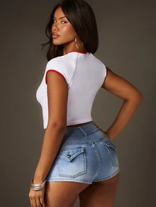 MISSGUIDED 英格兰国旗字母图案短袖圆领修身露脐上衣，红色撞色滚边 - 紅白色 - 查看 3