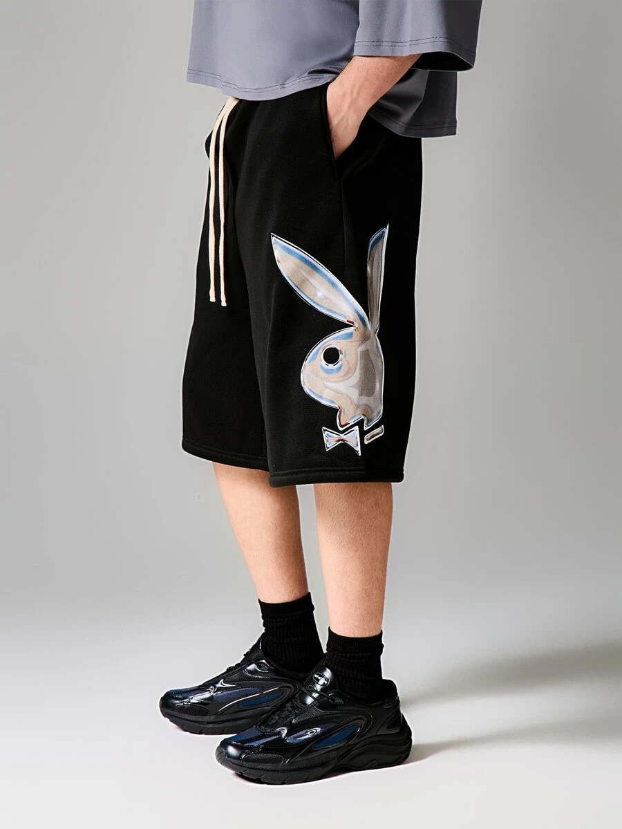 PLAYBOY X SUMWON 宽松黑色运动裤，抽绳腰带，兔子图案印花 - 黑色 - 查看 1