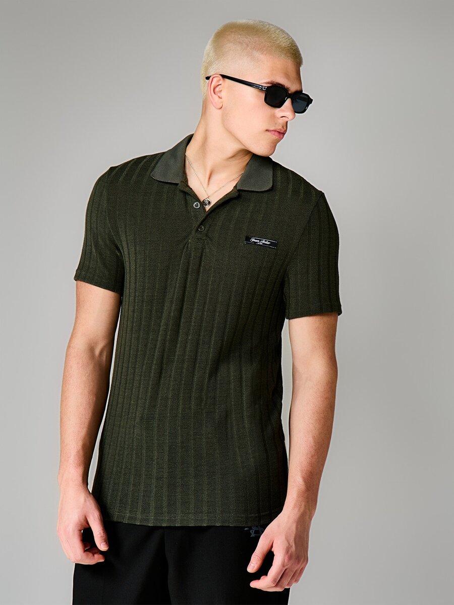 SUMWON Áo polo dệt kim gân sọc dọc, cổ bẻ, tay ngắn, dáng regular fit, kiểu dáng thanh lịch thường ngày. - xanh quân đội - Xem 1