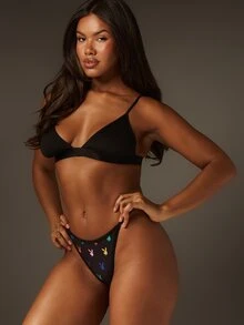 Missguided x Playboy Bunny Logo All Over Print Black Thong Underwear Colorful Rainbow Pattern String Back Bottom - Multicolor - View 2