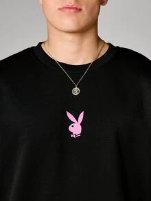 PLAYBOY X SUMWON Casual Oversized T-Shirt Drawstring Shorts Coordinated Set Bunny Graphic Print For Summer Streetwear - Black - View 5
