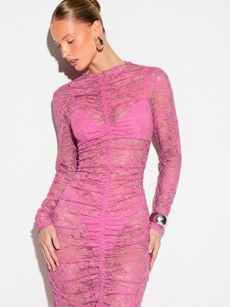 KIZN Ruched Lace Long Sleeve Maxi Dress