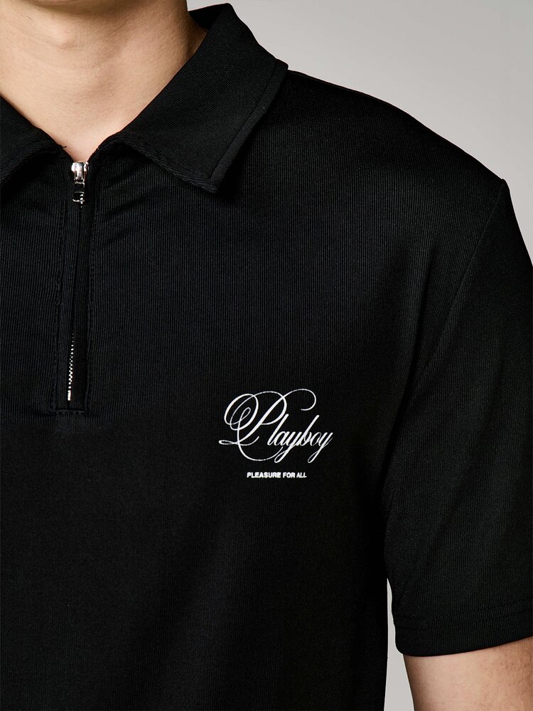 PLAYBOY X SUMWON Black Slim Fit Polo Shirt Logo Embroidered Chest Short Sleeve Collared Casual Summer Top