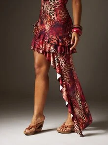 MISSGUIDED Vestido largo asimétrico con volantes y cuello halter con estampado animal, con detalle de lazo, silueta fluida para fiestas y ocasiones de noche - Multicolor - Ver 4