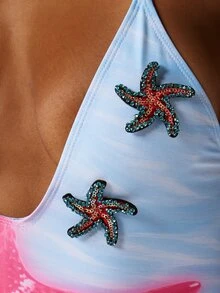 MISSGUIDED 深V领连体泳衣，亮片海星贴花印花，细肩带，沙滩度假夏季紧身衣 - 彩色 - 查看 2