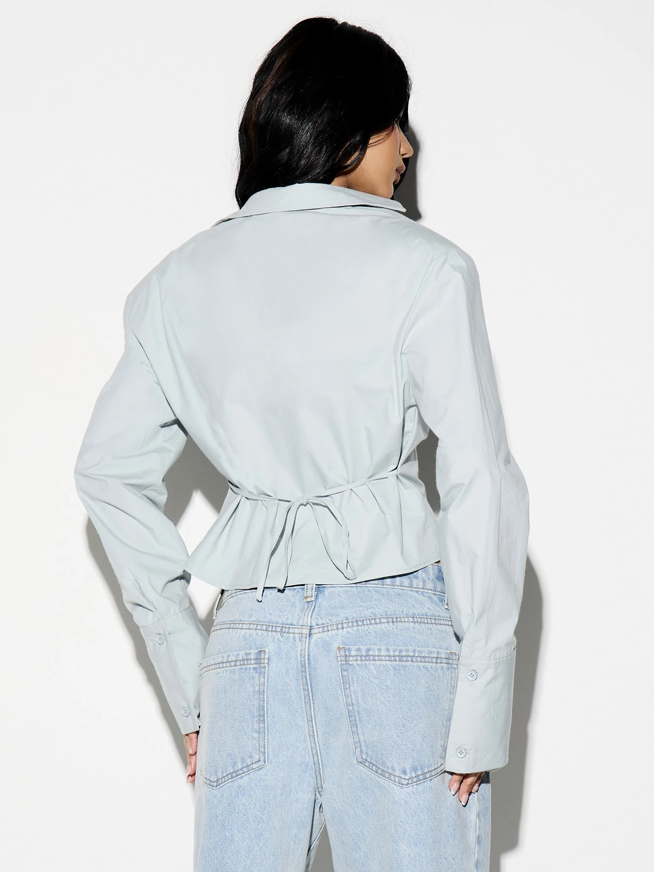KIZN Cropped Button Front Blouse Tie Waist