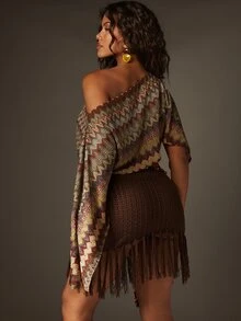 MISSGUIDED Bohemian Off Shoulder Knitted Cape Top Geometric Pattern Asymmetrical Drape Design - Multicolor - View 3