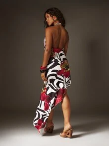 MISSGUIDED 深V领无袖修身中长连衣裙，混合动物纹印花，斑马纹花卉抽象图案，适合派对场合 - 彩色 - 查看 3