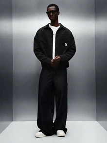 PLAYBOY X SUMWON Men Oversized Button Down Shirt With Logo Front Pocket Detail Long Sleeve Urban Streetwear Casual - Black - View 6