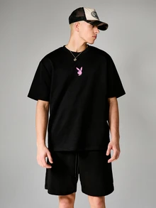 PLAYBOY X SUMWON Casual Oversized T-Shirt Drawstring Shorts Coordinated Set Bunny Graphic Print For Summer Streetwear - Black - View 3