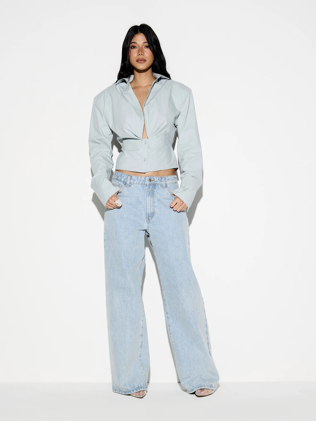 KIZN Cropped Button Front Blouse Tie Waist