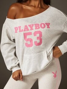 Missguided x Playboy 露肩兔子标志卫衣，棒球衫数字印花休闲套头衫家居服 - 淺灰色 - 查看 2