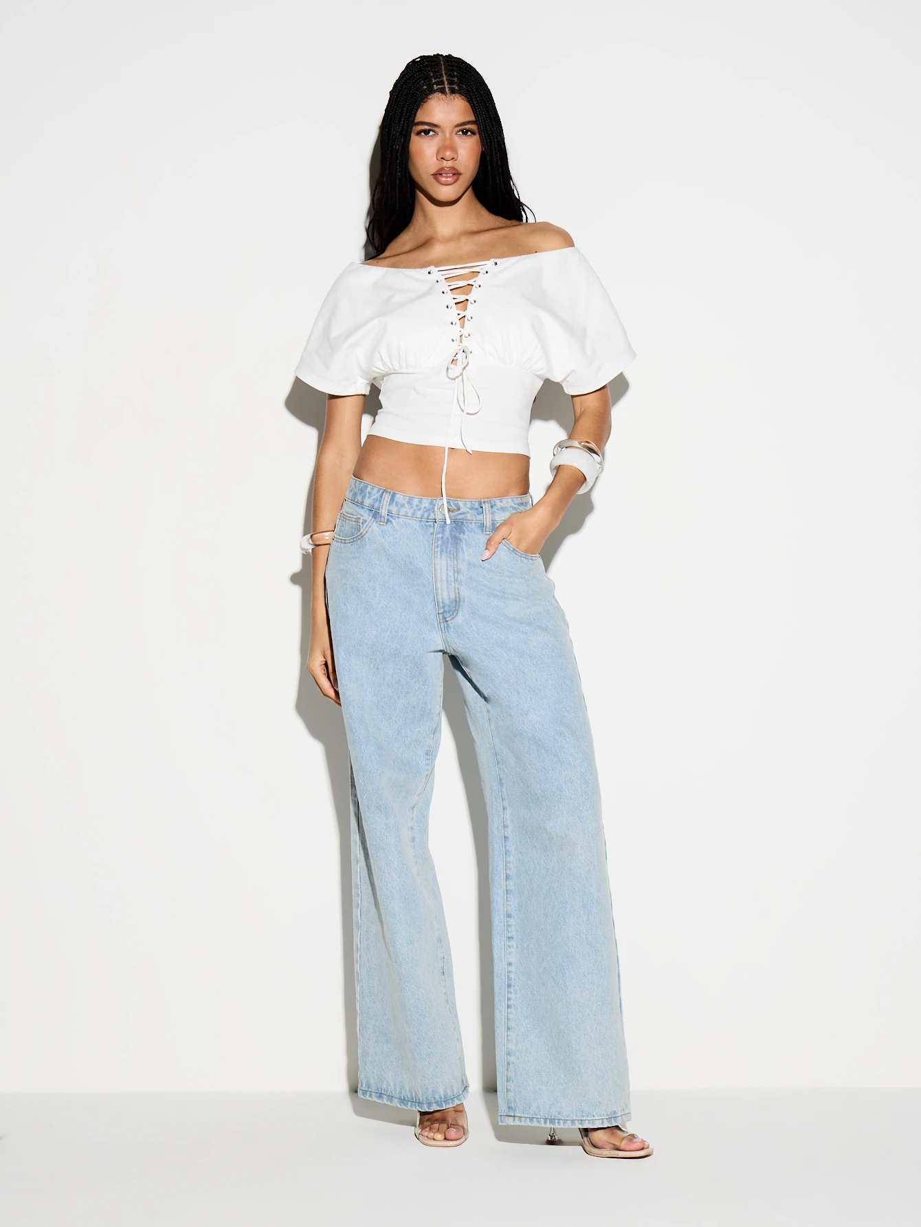 KIZN Off Shoulder Lace Up Crop T-Shirt