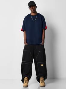 SUMWON Regular Oversized Crew Neck T-Shirt With Brooklyn Text Print And Color Block Sleeves For Casual Streetwear Style - Blue - View 4