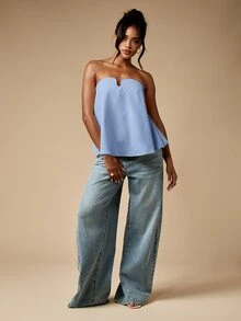MISSGUIDED Strapless U Bend Tube Top With Draped Silhouette And Minimalist Design For Summer Occasions - Dusty Blue - View 4