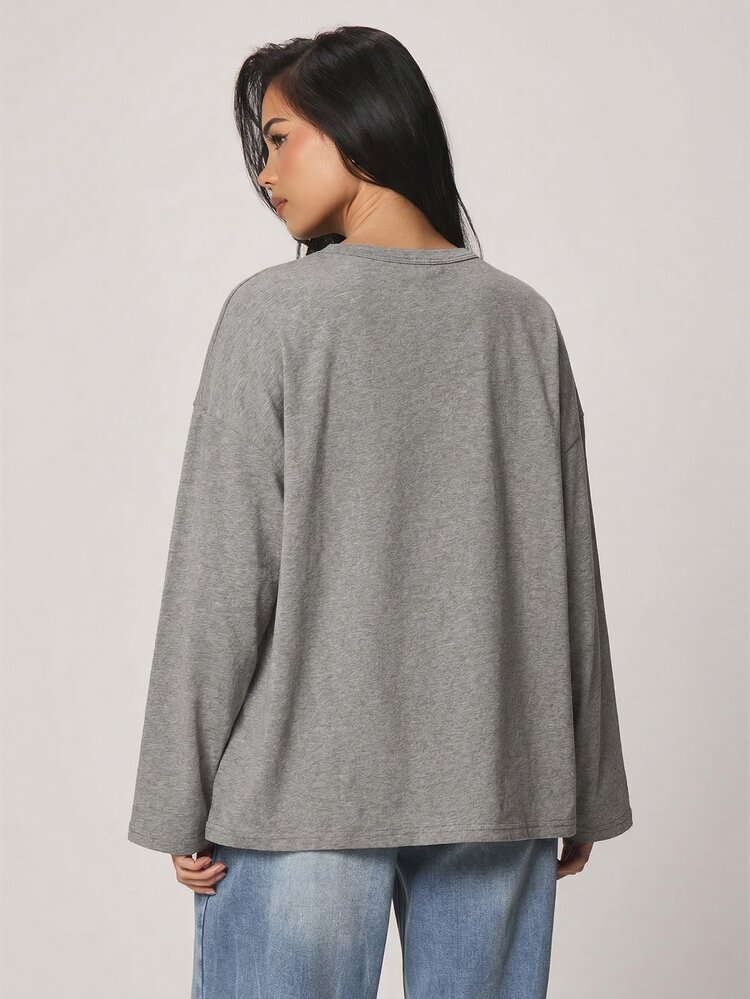 MISSGUIDED Oversized Button Through Long Sleeve Henley Top Casual Relaxed Fit Pullover Fall Winter Everyday Comfort Tunic Style Shirt
