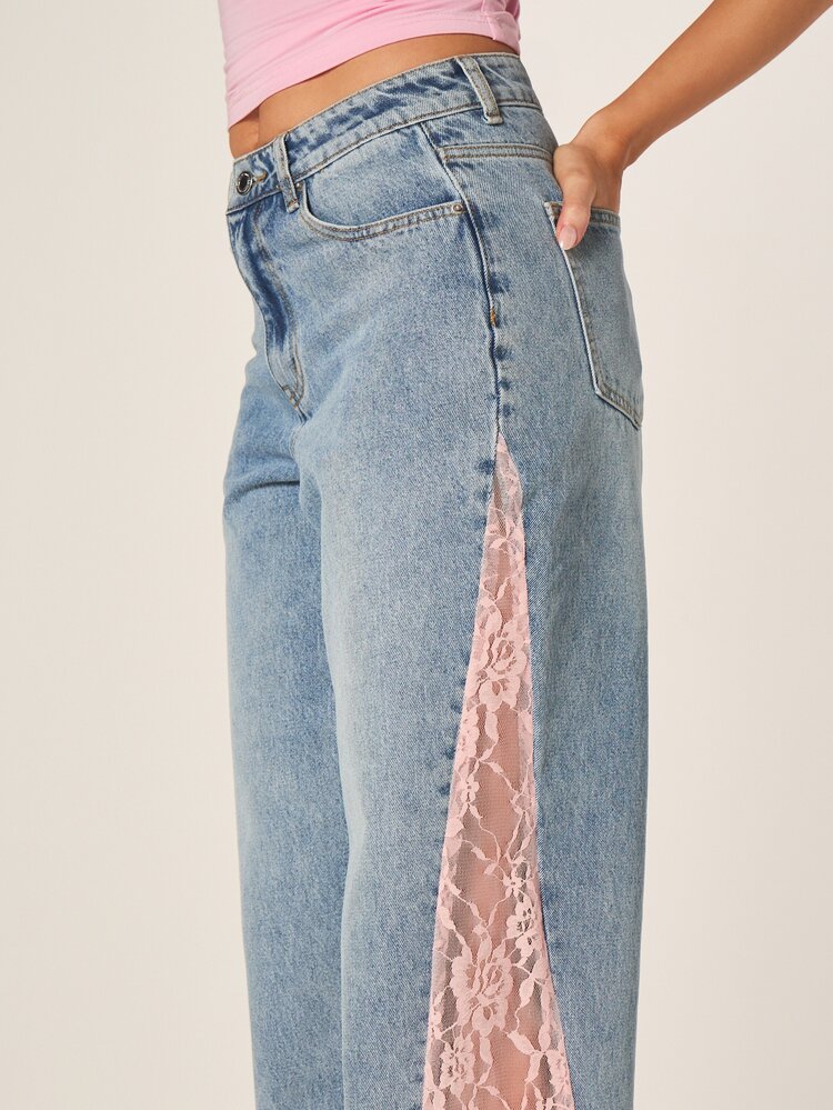 MISSGUIDED High Rise Straight Leg Denim Jeans With Pink Lace Sidepanel Detail Wide Leg Retro Vintage Style Casual Pants