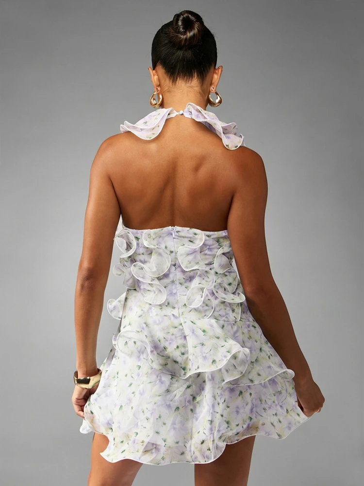 MISSGUIDED Floral Frill Halterneck Mini Dress With Ruffle Details And Tiered Hem For Spring Summer Party Occasions