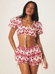 MISSGUIDED 红白刺绣荷叶边短裤，配有抽绳系带，适合夏季海滩度假音乐节，波西米亚风情。 - 彩色 - 查看 2