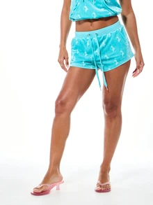 BABYPHAT 压纹丝绒套穿短裤，菱形图案，抽绳松紧腰，夏季休闲宽松版型，及大腿中部长度，家居服 - 藍色 - 查看 1