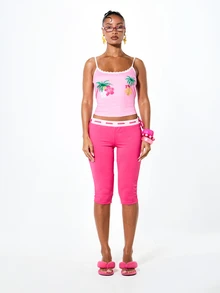 SUMWON WOMEN 热带天堂棕榈树芙蓉印花圆领无袖吊带背心，荷叶边细节，夏季海滩度假吊带衫 - 粉色 - 查看 5