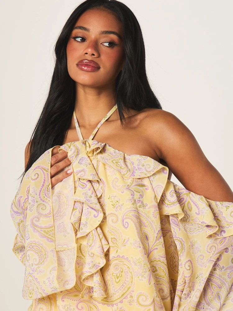 MISSGUIDED Halter Neck Paisley Print Off Shoulder Long Sleeve Mini Dress With Smocked Waist Detail