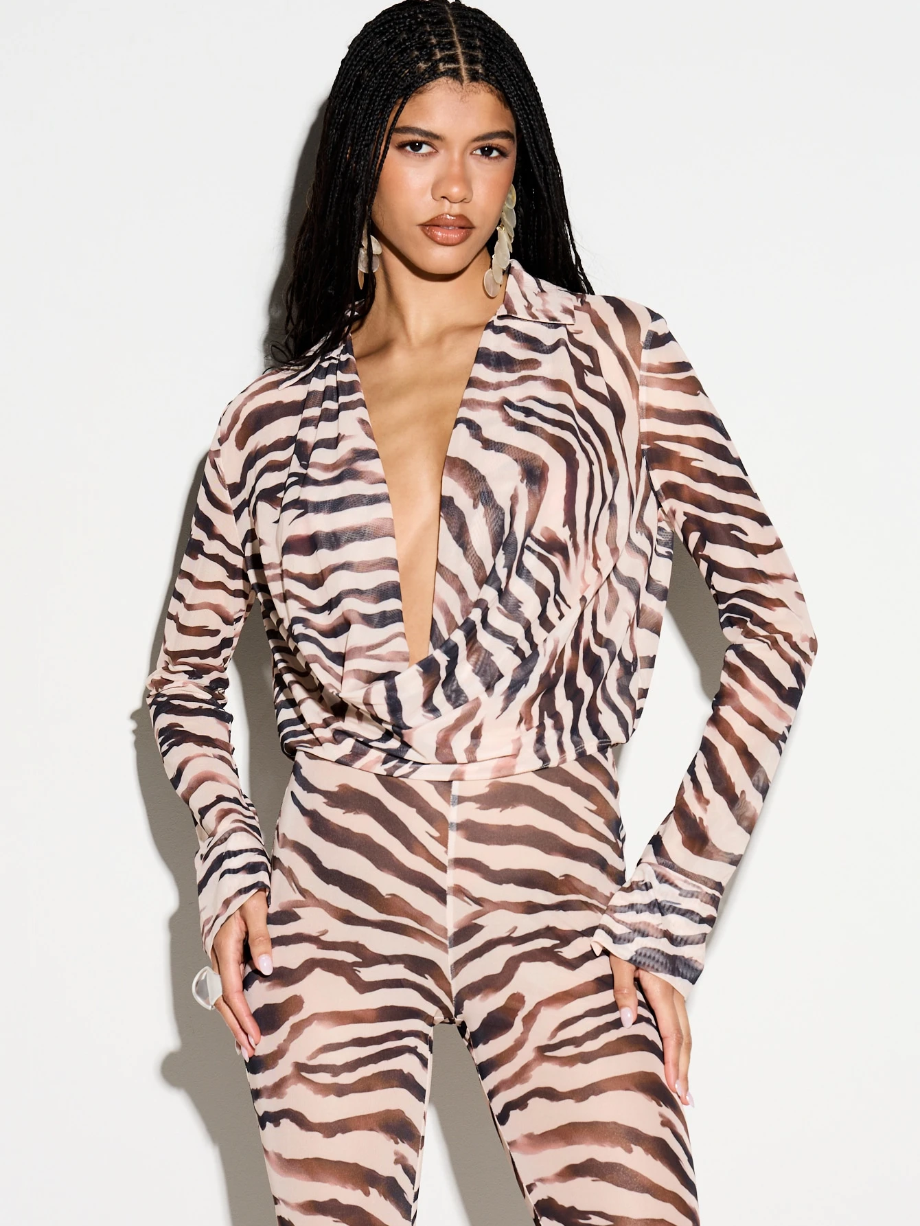 KIZN Zebra Print Twist Front Deep V Blouse