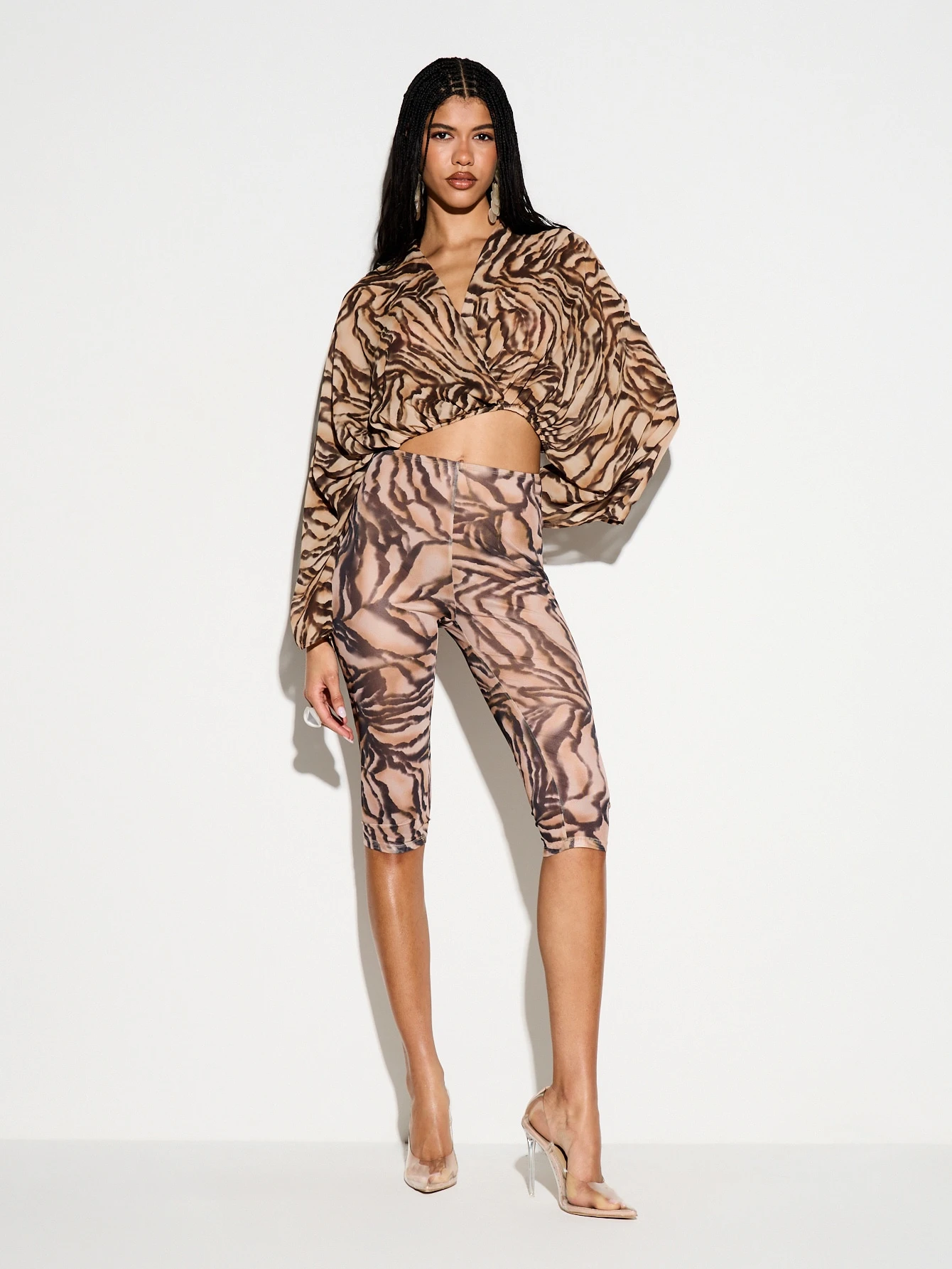 KIZN Tiger Print Twist Front Batwing Blouse