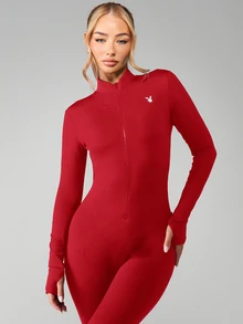 Missguided x Playboy 长袖修身连体裤，半拉链高领运动紧身衣，适合运动穿着。 - 紅白色 - 查看 3