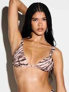 KIZN Áo bikini tam giác thắt nút phía trước họa tiết da hổ với dây đeo có thể điều chỉnh, đồ bơi mùa hè đi biển. - Màu Khaki - Xem 2