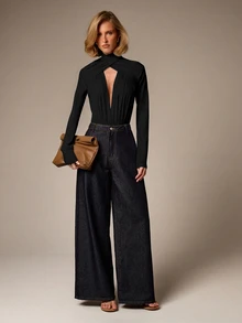 Body de cuello alto con recorte, manga larga, detalle fruncido en el frente, elástico y ajustado, cuello alto, elegante para fiesta de noche y salir de fiesta - Negro - Ver 3